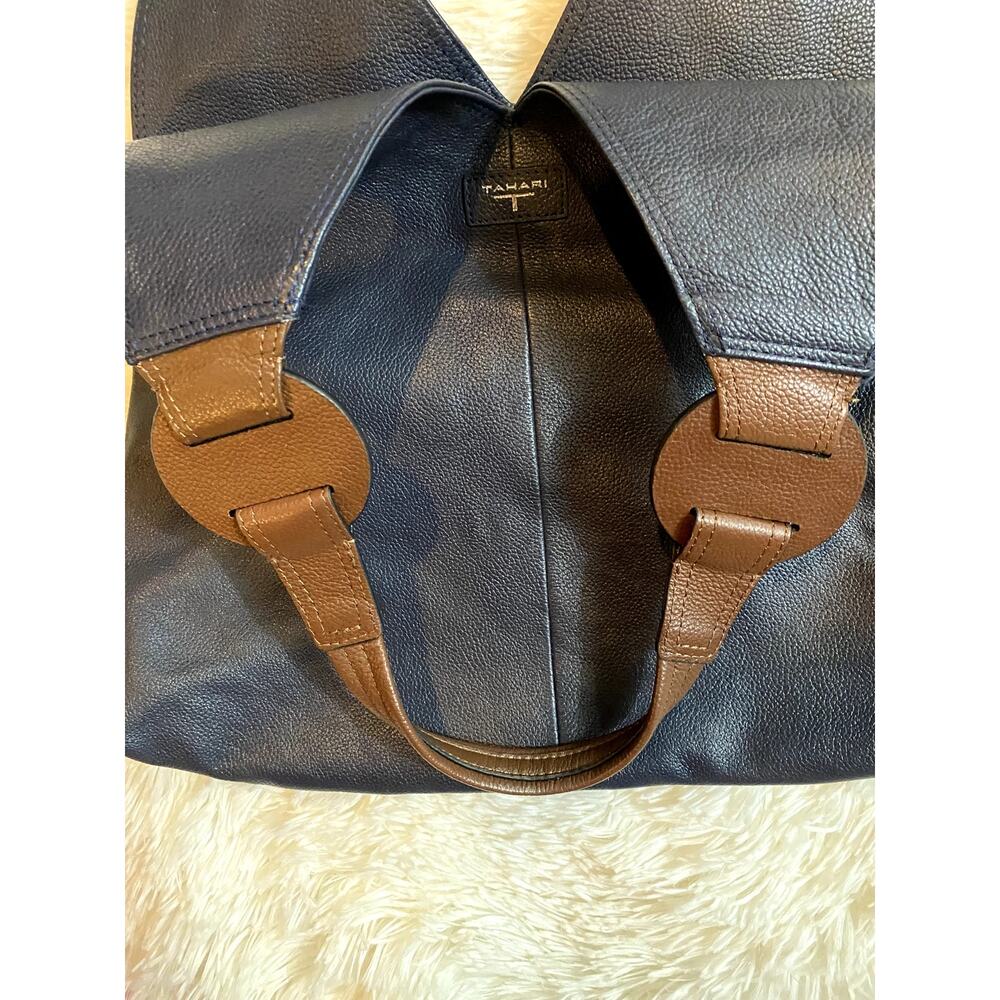 T Tahari Black Leather Hobo Bag with Brown Handles - Picture 4 of 10